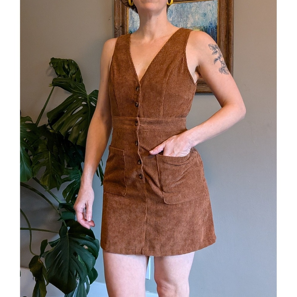Brown Corduroy Overall Mini Dress Button Sleeveless Small Mini Cottage Bookish